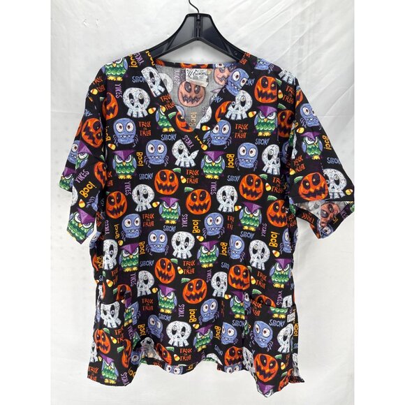 UA Scrubs Halloween Shirt XL Ghosts Pumpkins Cats Bats V-Neck Nursing Top - Picture 1 of 6